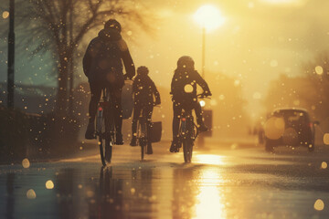 Silhouettes of a family cycling together on a rainy evening, with the city lights reflecting on the...