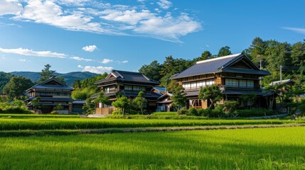 A peaceful countryside scene with a row of houses