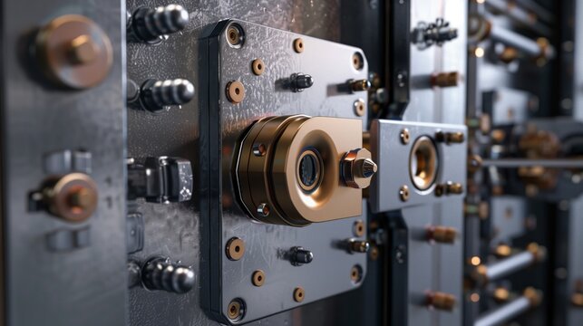 Close-up view of a detailed futuristic mechanical assembly with multiple knobs and lenses.