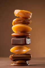 A tantalizing tower of melting caramel and chocolate pieces on a brown backdrop.