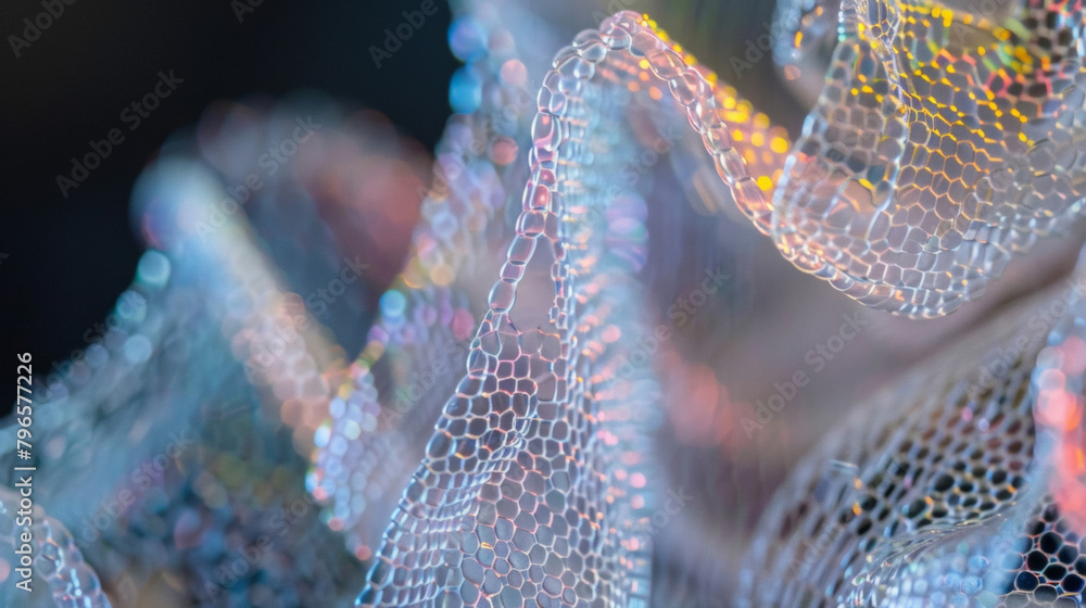 Poster an upclose look at the delicate yet durable fibers of a shape memory polymer textile. the fibers are
