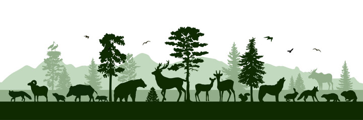 European panorama with silhouettes of wild animals. Vector illustration. © Евгений Горячев
