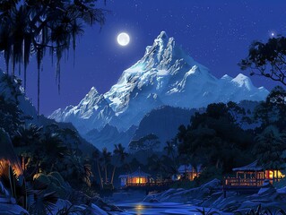 A beautiful landscape of a mountain covered with snow under the moonlight with a river in front and a forest on the sides