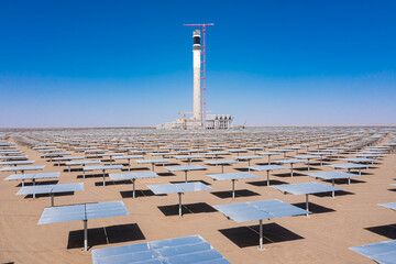 Molten salt tower type solar thermal power station under construction in the desert Gobi