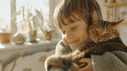 Little happy boy tenderly hugs his cat tightly in a bright spacious living room. Friendship concept between humans and animals