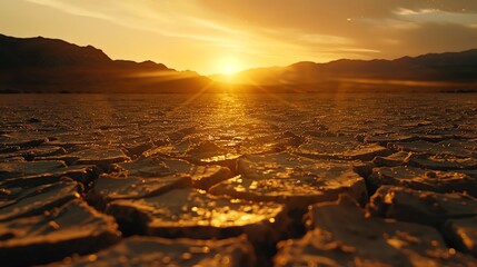 Arid desert with large mountains in the distance. The ground is dry and cracked. The sun is setting and the sky is orange.