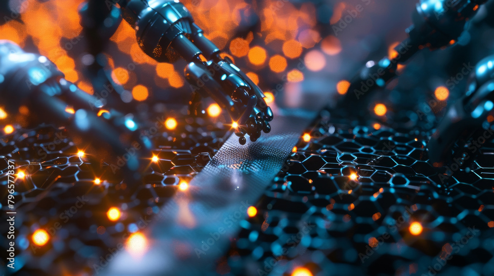 Poster a magnified image of a strip of graphene being manipulated by tiny robotic arms representing the pot