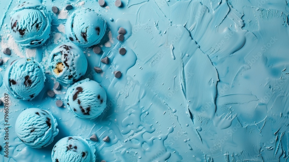 Sticker blue mint chocolate chip ice cream scoops with chocolate chips on a textured background