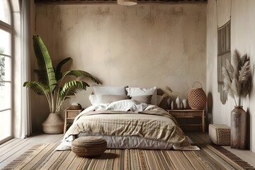 Africaninspired bedroom mockup with simple loft background for ethnic style interior. Concept African Style Decor, Bedroom Design, Loft Background, Ethnic Interior, Mockup Presentation