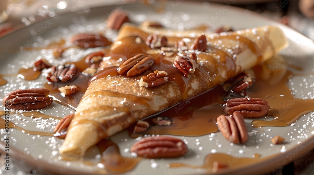 Poster Delicious homemade crepes with syrup and pecans on a dish. Perfect for breakfast or dessert. Warm tones evoke a cozy atmosphere. Ideal for culinary themes. AI