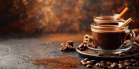 Two cups of hot chocolate with cinnamon and coffee beans on dark background with copy space