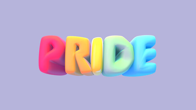 3d rendered rainbow pride text on purple background.