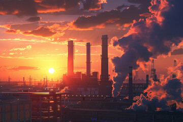  An industrial complex at sunrise, with silhouetted pipes and structures set against a sky ablaze with red and orange hues. 