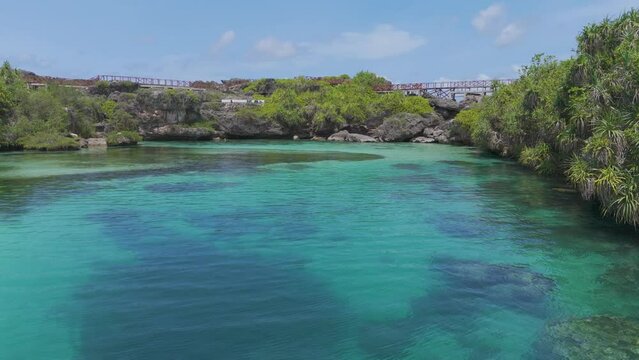 Weekuri Lagoon, Sumba island, Indonesia. A beautiful blue lake with a green forest in the background. The water is calm and clear, and the trees are lush and green