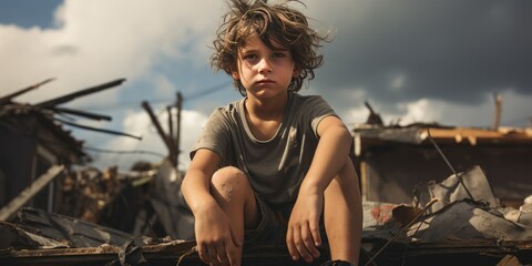 A small child in dirty clothes in a city destroyed after an earthquake. Generative AI