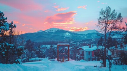 A snowy landscape with a red and pink sky in the background