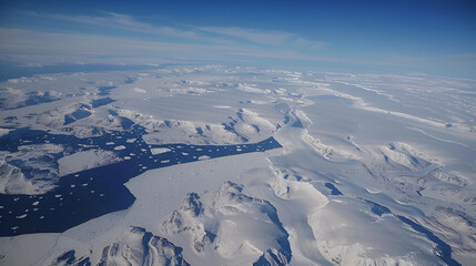 An aerial view of the polar ice caps, starkly highlighting the impact of global warming as the ice recedes due to increased carbon dioxide levels in the atmosphere