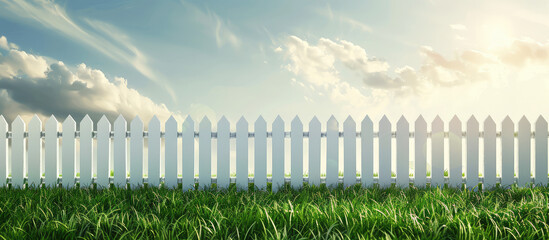 Classic White fence and green grass on sunny countryside spring landscape, background with copy space, template for montage.