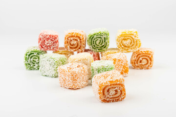 Traditional Turkish delight isolated on white background. Close up.