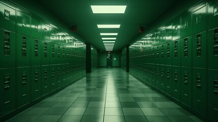 A row of green lockers in a hallway.