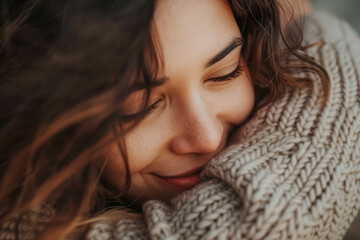Close portrait of a young woman hugging someone dear to her very tightly and smiling lovingly