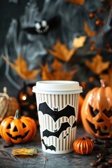 Spooky Halloween-Themed Coffee Cup with Bats and Festive Background