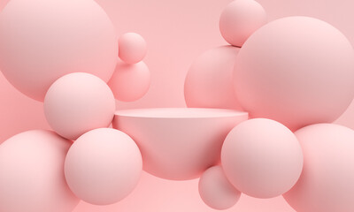 3D pink background with  product podium amd balls floating.