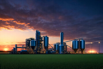 Railroad tanker cars on industrial fertilizer plant at agricultural landscape. Night shot of industrialize factory at sunset. Manufacture and industry concept. Gen ai illustration. Copy ad text space