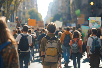 Obraz premium A vibrant image capturing a crowd of people marching in a climate protest, holding signs advocating for action against global warming and carbon dioxide emissions