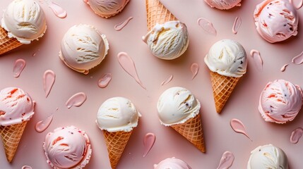 Flat lay composition of multiple ice cream cones with melty drops on pink - Powered by Adobe