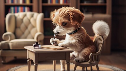 A Dog Sitting On A Chair Writing A Note On A Table