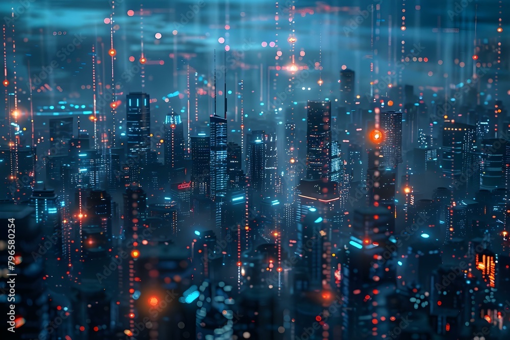 Poster futuristic city backdrop with virtual reality cyber security and quantum computing themes. concept f