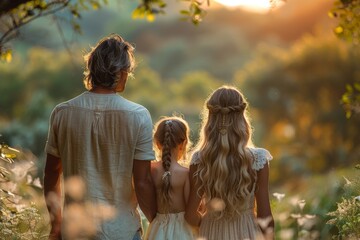 A family from behind watching the sunset together in a serene countryside setting, children with parents