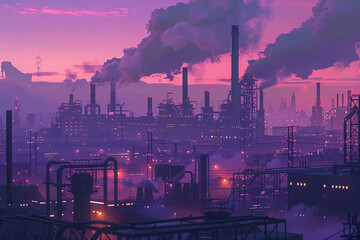  An industrial complex at sunrise, with tall brick chimneys standing out against a backdrop of deep purple clouds. 