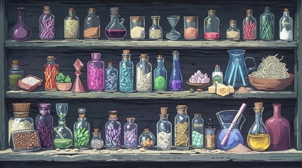 Illustration of occult magic magazine with shelves  with various potions, bottles, poisons, crystals, salt. Alchemical medicine concept - 796580621