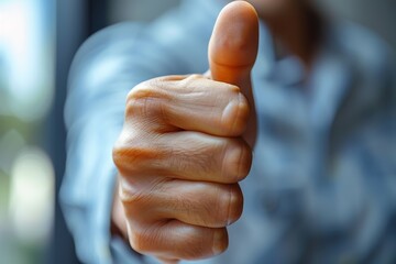 A close-up image of a single thumb up gesture, offering a sign of approval, agreement or a job well done