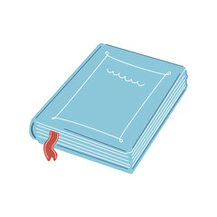 Hand drawn blue book with red bookmark. Flat cartoon vector decorative element isolated on a white background
