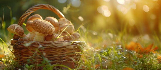 A basket full of mushrooms in the sun's rays in an autumn light forest, the concept of autumn, autumn hobbies, mushroom picking with copyspace for text