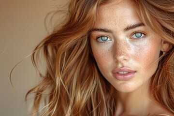A young woman with captivating green eyes and sun-kissed freckled skin posing seriously - obrazy, fototapety, plakaty
