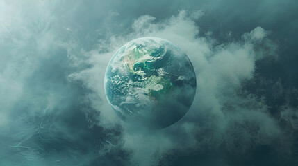 An abstract representation of the Earth surrounded by a haze of carbon dioxide, symbolizing the looming threat of global warming and climate change