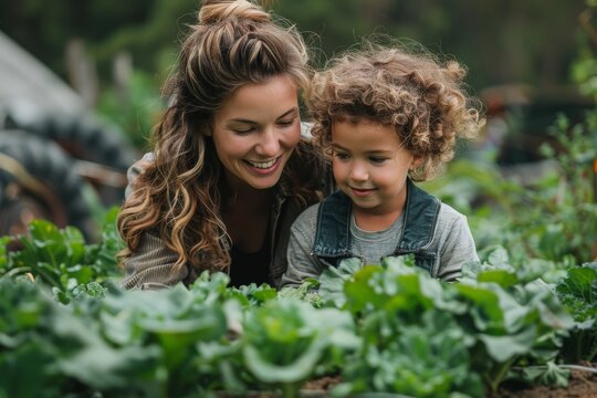 Warm image of a woman and a young child engaged in gardening together