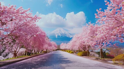 A road lined with cherry blossoms and a mountain in the background