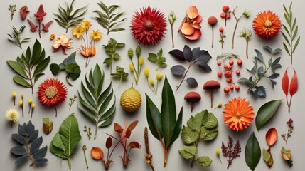 Set of botanical elements flowers, twigs, petals, leaves, flat lay, top view - 796581482