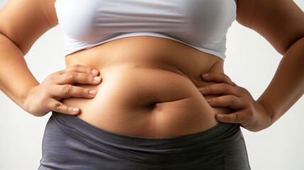 Close-up of a fat woman pinching her belly fat, wearing white top and grey pants.
