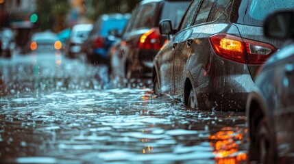 A car is stuck in a flooded street with other cars in the background