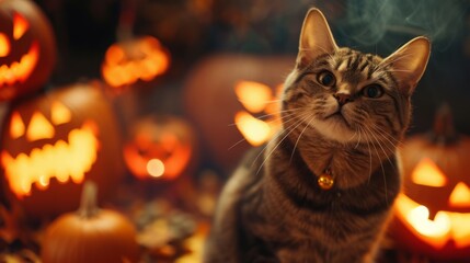 Cute kitty in a Halloween orange costume among ripe pumpkins, party concept for Halloween
