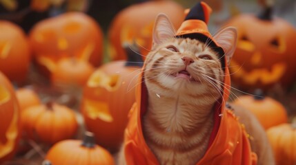 Cute kitty in a Halloween orange costume among ripe pumpkins, party concept for Halloween - 796581672