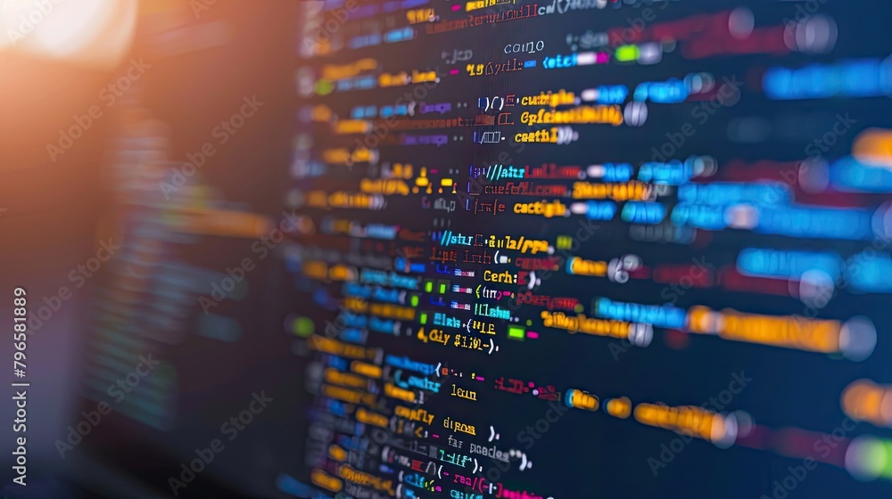 Poster a computer screen displays a large amount of code in various colors