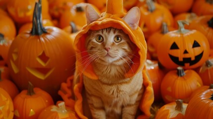 Cute kitty in a Halloween orange costume among ripe pumpkins, party concept for Halloween - 796581828