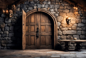 Fototapeta na wymiar Background of mystical dark interior of medieval room with large wooden door and skull on table against an ancient stone wall. Amazing backgrounds for Halloween holiday. Copy space, text place